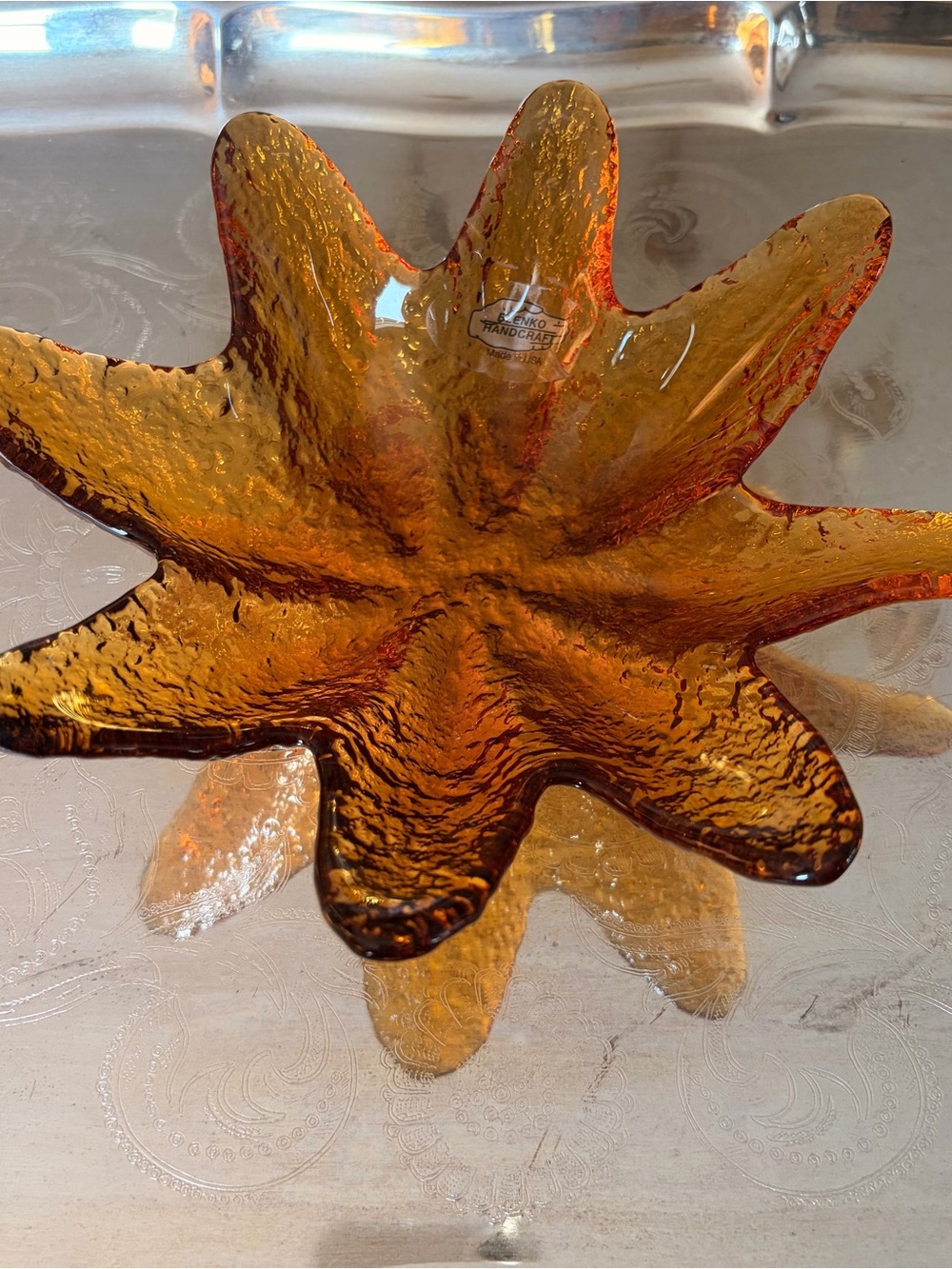 Blenko Handblown Glass USA Textured Star Dish Bowl Amber Topaz Mint with Sticker